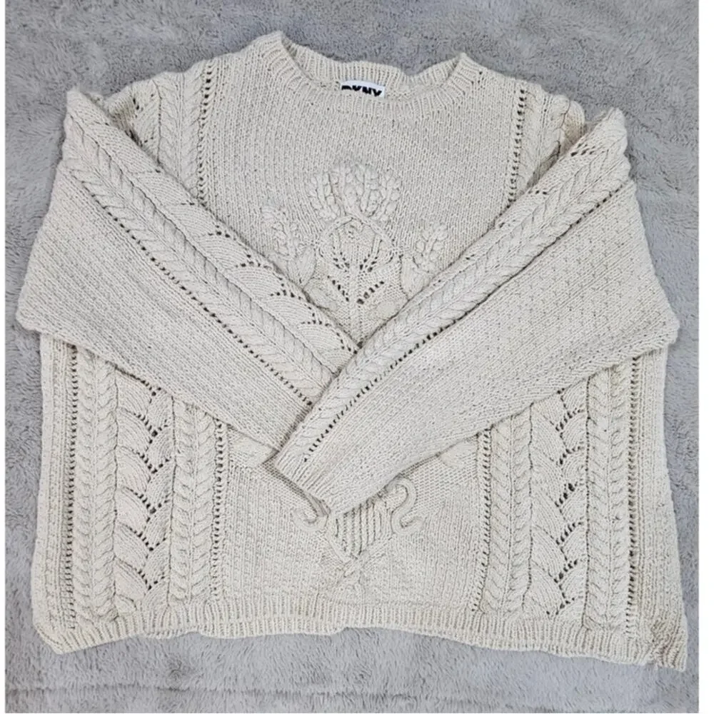 DKNY Cable Knit Sweater, Vintage 1990's Y2K  Handknit, 100% Cotton, Womens Sz M - Picture 6 of 10